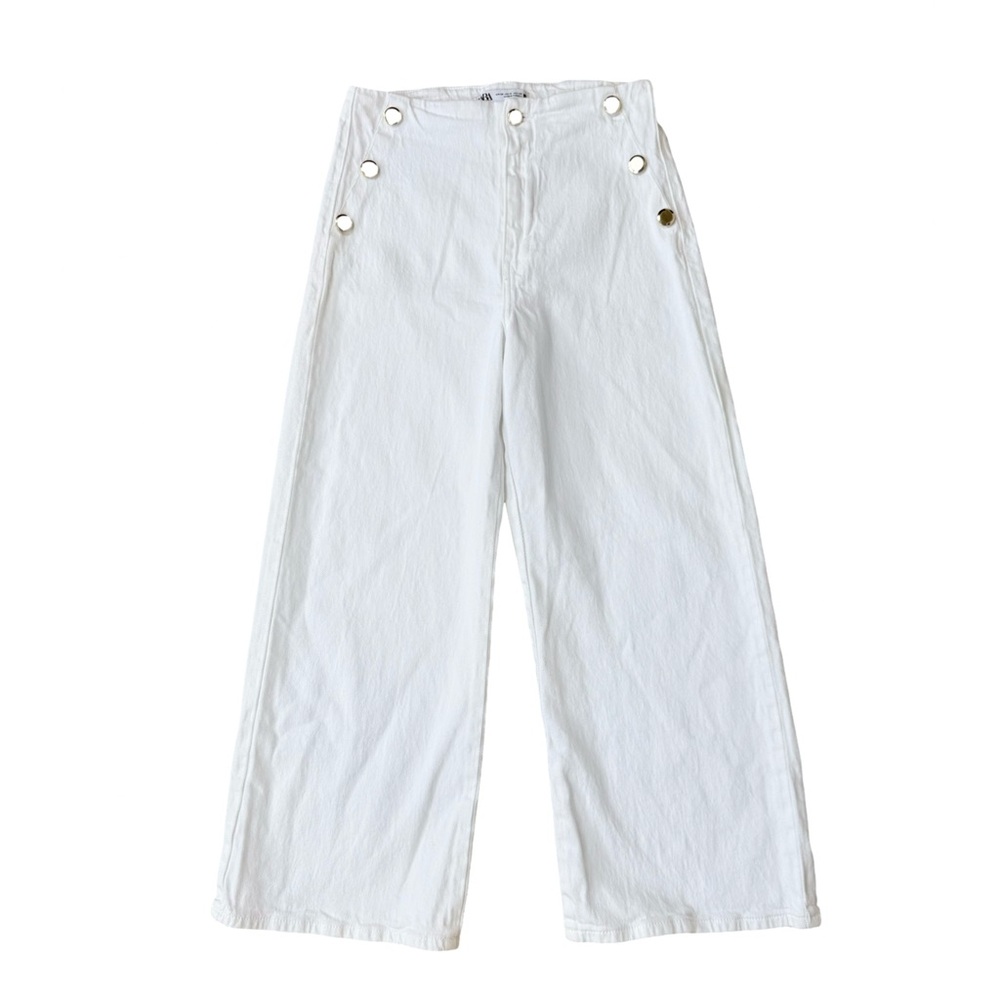 Zara White Wide Leg Cropped Jeans High Rise Gold Button Sailor Size 6 Nautical - Picture 2 of 9
